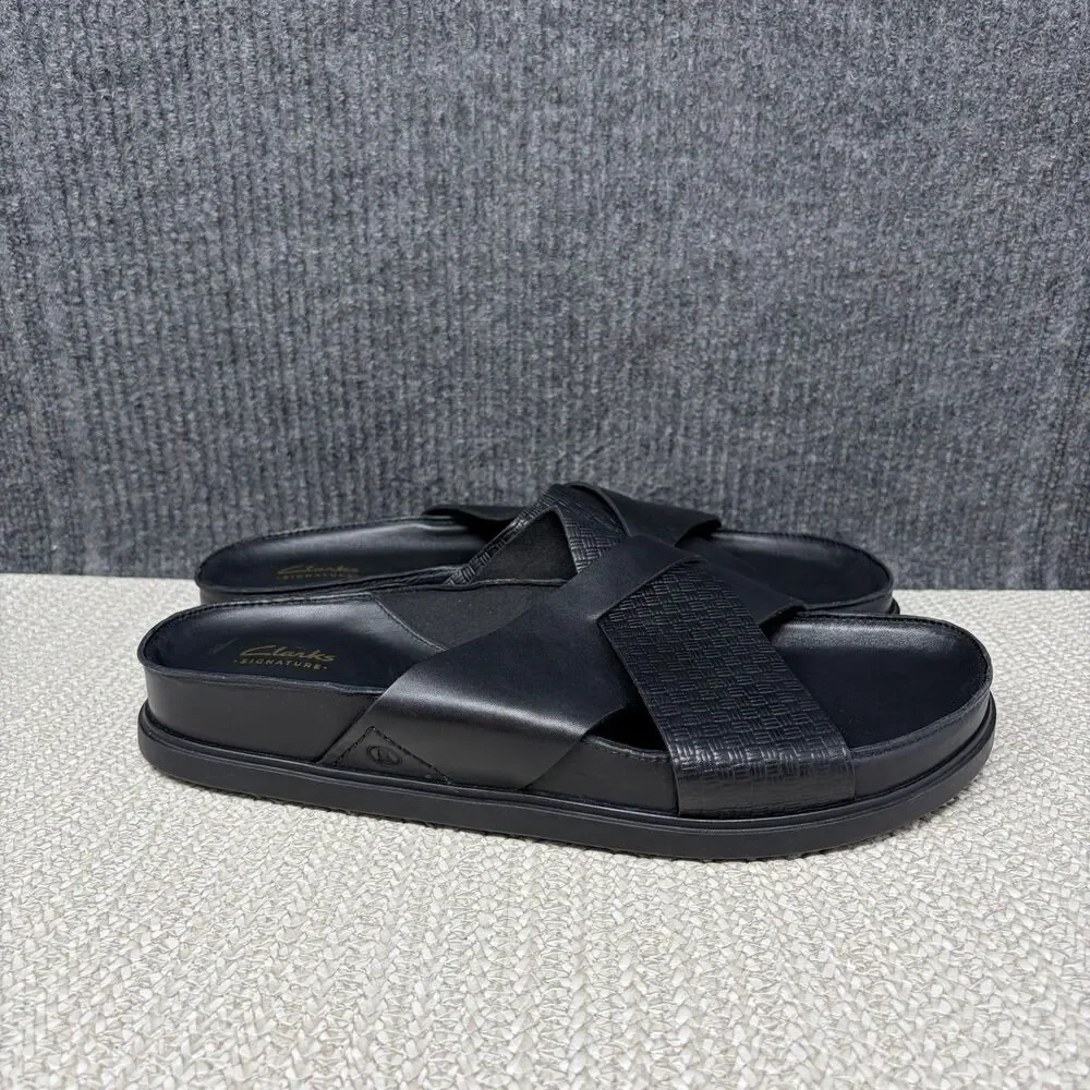 Clarks Torford Cross Sandals Black Leather Flat Mens Size 11.5